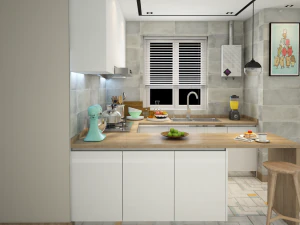 kitchen white wood morden bar counter l shape open concept minimalist table dining 3D Model