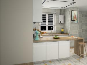 kitchen white wood morden bar counter l shape open concept minimalist table dining Modello 3D