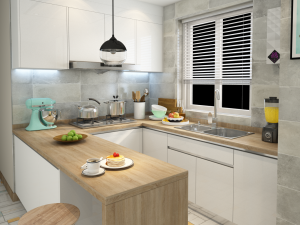 kitchen white wood morden bar counter l shape open concept minimalist table dining Modello 3D