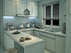kitchen white wood morden bar counter l shape open concept minimalist table dining Modello 3D