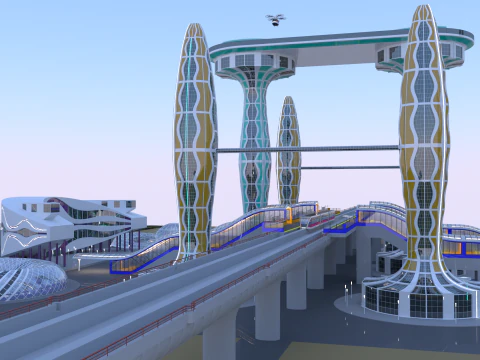 Future city with monorail III 3D Model