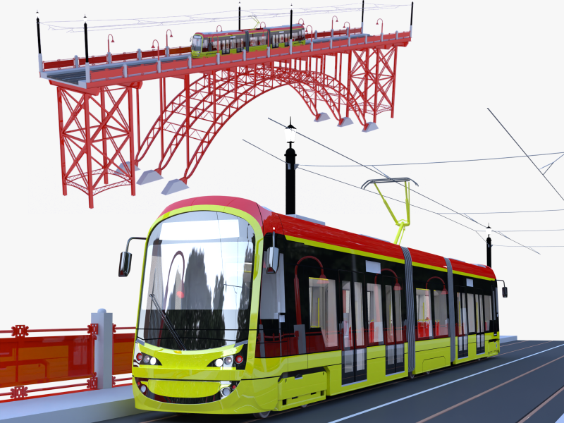 Bridge with Warsaw tram 3D Model .c4d .max .obj .3ds .fbx .stl .blend 