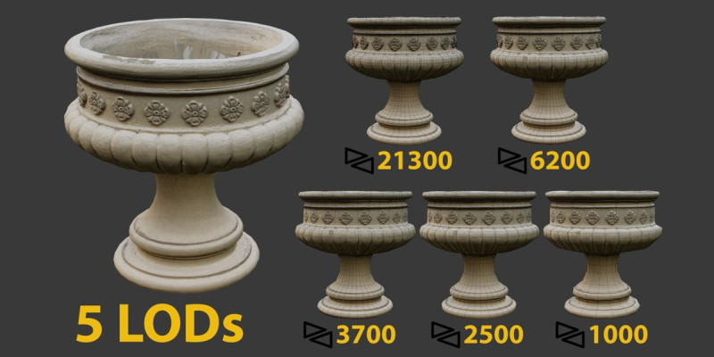 Large flower pot 5 lods 3D Model .c4d .max .obj .3ds .fbx .stl .blend