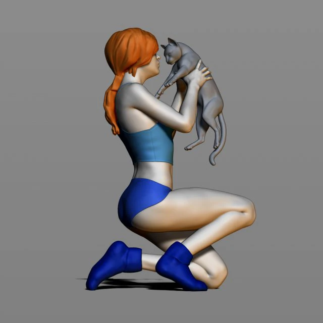 girl with a cat 3D Print Model .c4d .max .obj .3ds .fbx .stl .blend 