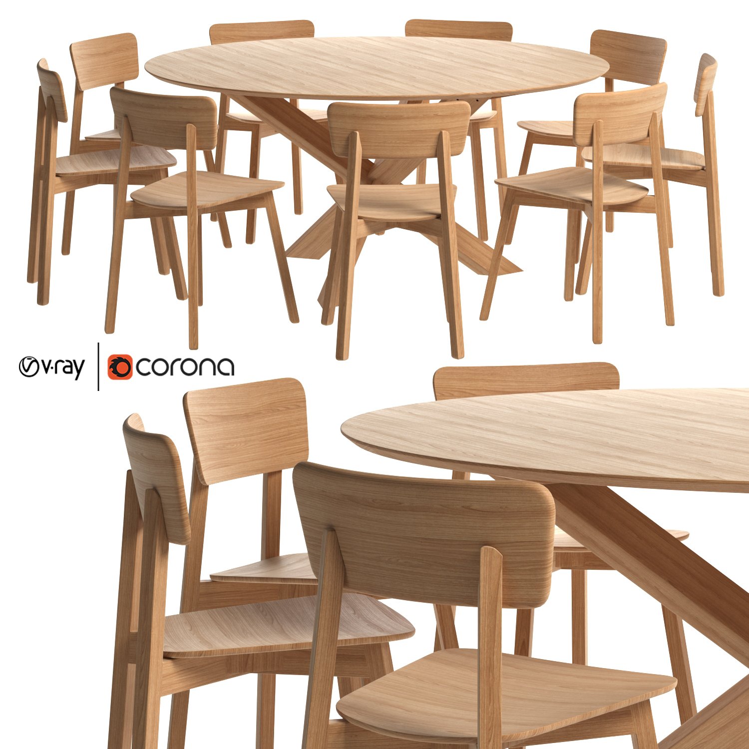 Oak Casale Dining Chair With Mikado Round Table 3d Model In Table