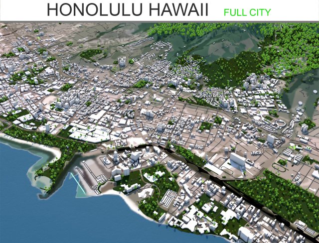 honolulu hawaii city usa 50 km 3Dモデル .c4d .max .obj .3ds .fbx .stl .blend 