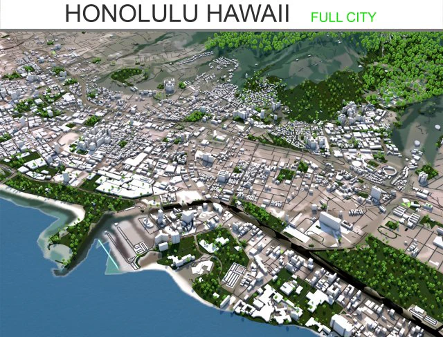 honolulu hawaii city usa 50 km 3D Model .c4d .max .obj .3ds .fbx .stl .blend 