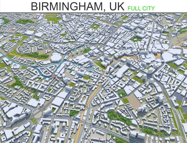 birmingham city uk 50 km 3D Model .c4d .max .obj .3ds .fbx .stl .blend