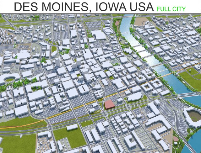 des moines city iowa 40km 3D Model .c4d .max .obj .3ds .fbx .stl .blend 