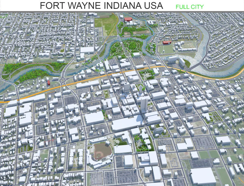 Fort wayne city united states 50km 3D Model .c4d .max .obj .3ds .fbx .stl .blend 