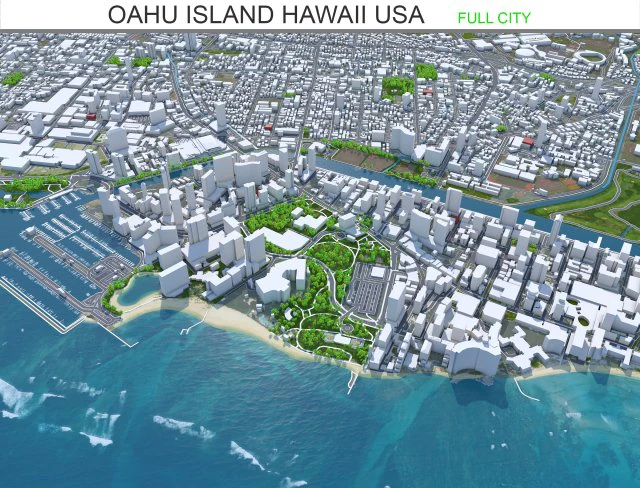 Oahu island hawaii city usa 80km 3D Model .c4d .max .obj .3ds .fbx .stl .blend 