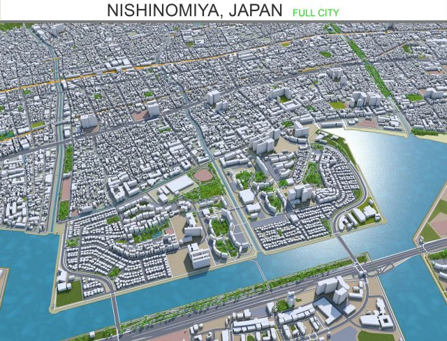 nishinomiya city japan 30km 3D Model .c4d .max .obj .3ds .fbx .stl .blend