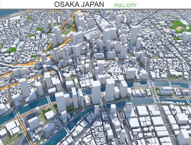 Osaka city japan 100km 3D Model .c4d .max .obj .3ds .fbx .stl .blend 