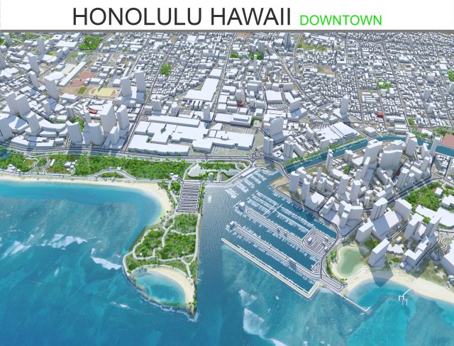 Honolulu Hawaii USA Downtown 8km 3D Model .c4d .max .obj .3ds .fbx .stl .blend 
