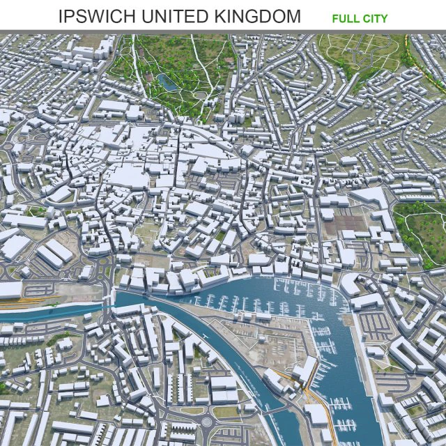 Cidade de Ipswich Reino Unido 30 km Modelo 3D .c4d .max .obj .3ds .fbx .stl .blend 