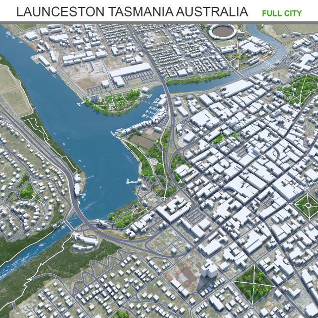 Launceston Tasmania city Australia 30km 3D Model .c4d .max .obj .3ds .fbx .stl .blend