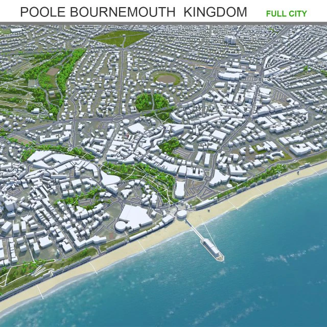 Poole Bournemouth city United Kingdom 50km 3D Model .c4d .max .obj .3ds .fbx .stl .blend 