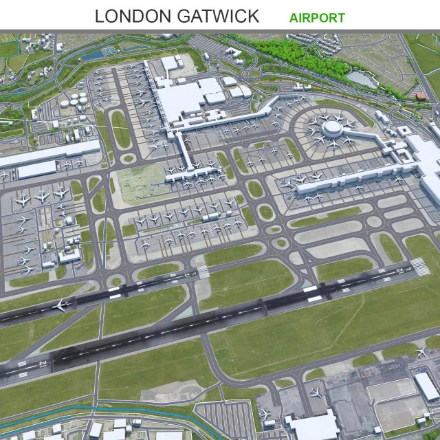 London Gatwick Airport 10km 3D Model .c4d .max .obj .3ds .fbx .stl .blend 