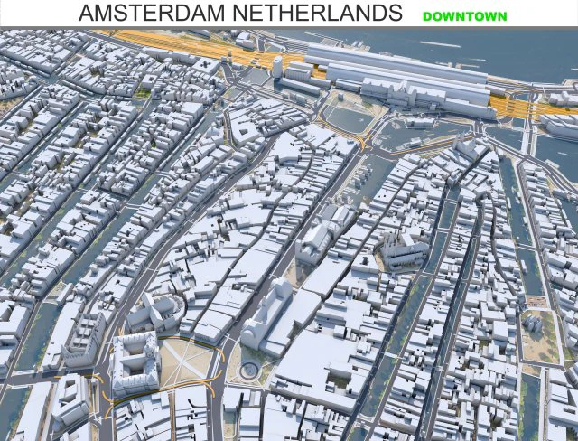 Amsterdam Downtown city netherlands 8km 3D Model .c4d .max .obj .3ds .fbx .stl .blend 