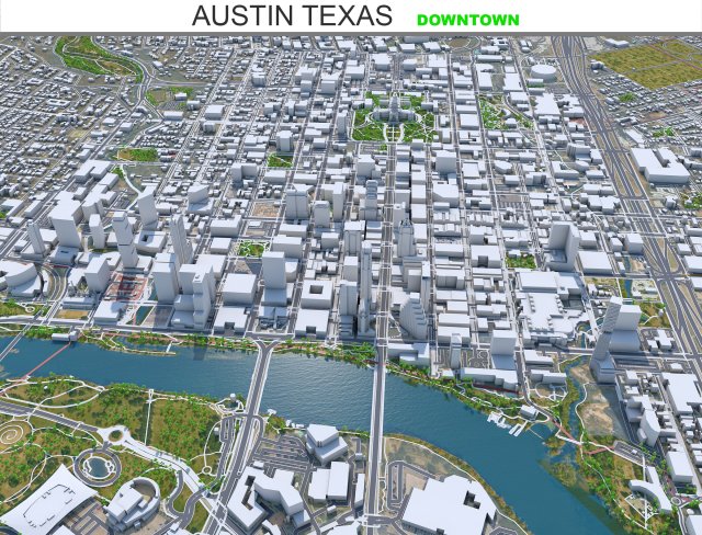 Austin Downtown City Texas 10km Modello 3D .c4d .max .obj .3ds .fbx .stl .blend 