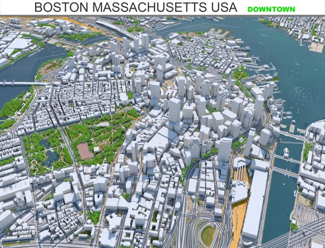 Boston Downtown city Massachusetts USA 8km 3D Model .c4d .max .obj .3ds .fbx .stl .blend 