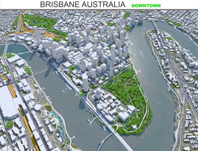 Brisbane Downtown city Australia 6km 3D Model .c4d .max .obj .3ds .fbx .stl .blend 