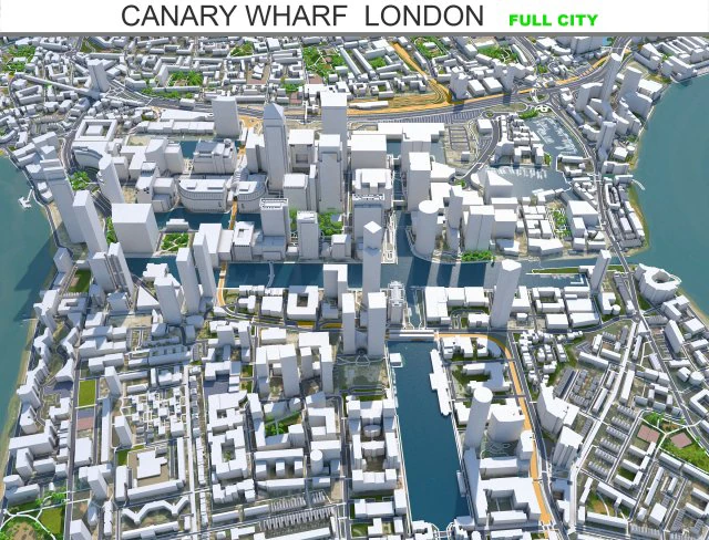 Canary Wharf Downtown city London 5km 3D Model .c4d .max .obj .3ds .fbx .stl .blend 