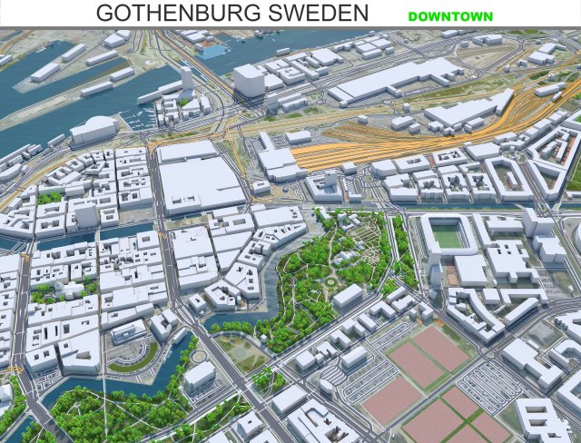 Gothenburg downtown city Sweden 7km 3D Model .c4d .max .obj .3ds .fbx .stl .blend 