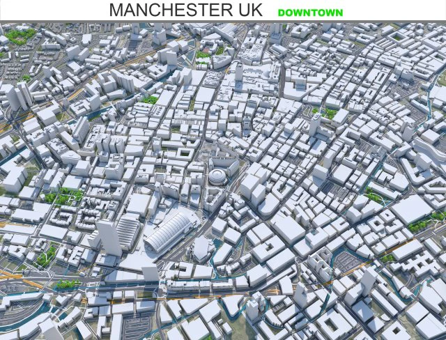 Manchester downtown city UK 7km 3D Model .c4d .max .obj .3ds .fbx .stl .blend 