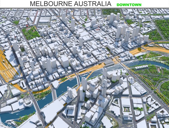 Melbourne downtown city Australia 8km 3D Модель .c4d .max .obj .3ds .fbx .stl .blend