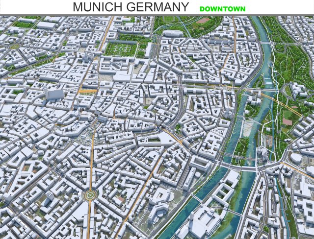Munich downtown city Germany 8km Modèle 3D .c4d .max .obj .3ds .fbx .stl .blend 