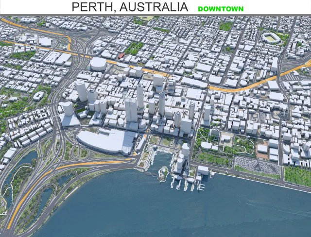 Perth downtown city Australia 8km 3D Model .c4d .max .obj .3ds .fbx .stl .blend