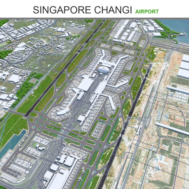 Singapore Changi Airport 10km 3D Model .c4d .max .obj .3ds .fbx .stl .blend 