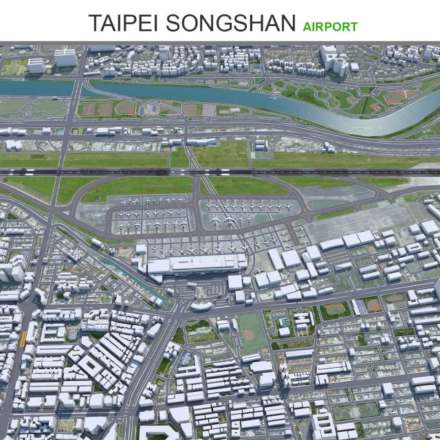 Taipei Songshan Airport 5km 3D 模型 .c4d .max .obj .3ds .fbx .stl .blend 