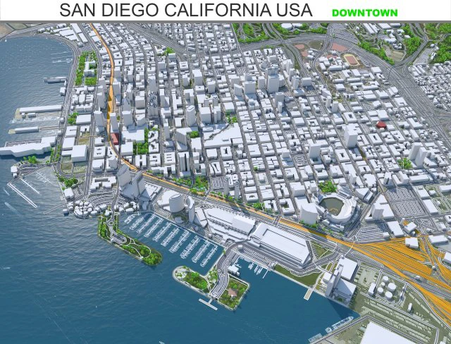 Centro da cidade de San Diego, Calif&oacute;rnia, EUA, 8 km Modelo 3D .c4d .max .obj .3ds .fbx .stl .blend 