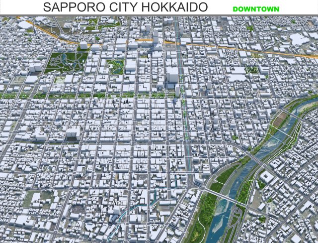 Sapporo downtown city Hokkaido Japan 8km 3D Model .c4d .max .obj .3ds .fbx .stl .blend 