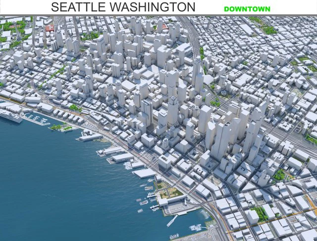 Seattle downtown city Washington USA 8km 3D Model .c4d .max .obj .3ds .fbx .stl .blend 