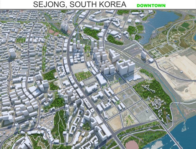 Sejong downtown city South Korea 8km 3D Model .c4d .max .obj .3ds .fbx .stl .blend 