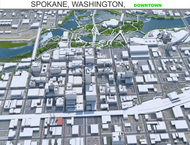 Spokane downtown city Washington USA 6km 3D Model .c4d .max .obj .3ds .fbx .stl .blend