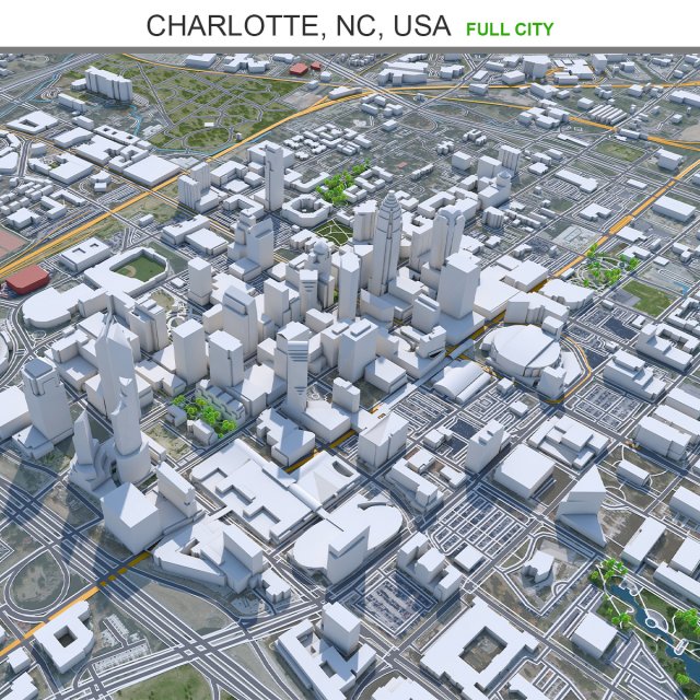 Charlotte city NC USA 50km 3D Model .c4d .max .obj .3ds .fbx .lwo .lw .lws