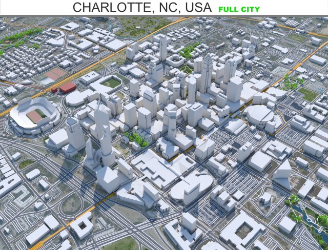 Charlotte city NC USA 50km Model 3D .c4d .max .obj .3ds .fbx .stl .blend 