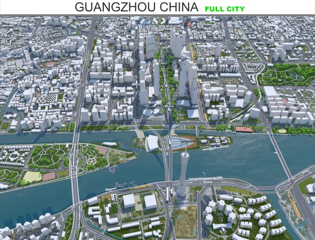 Guangzhou city China 90km 3D Модель .c4d .max .obj .3ds .fbx .stl .blend 