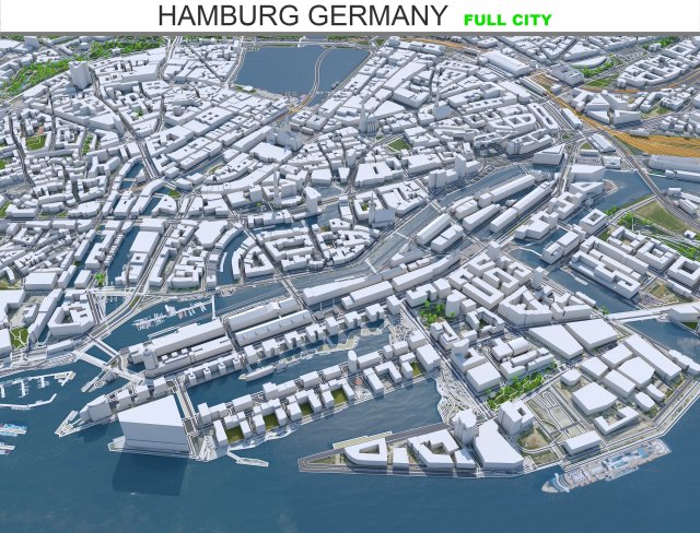 Hamburg city Germany 50km 3Dモデル .c4d .max .obj .3ds .fbx .stl .blend 