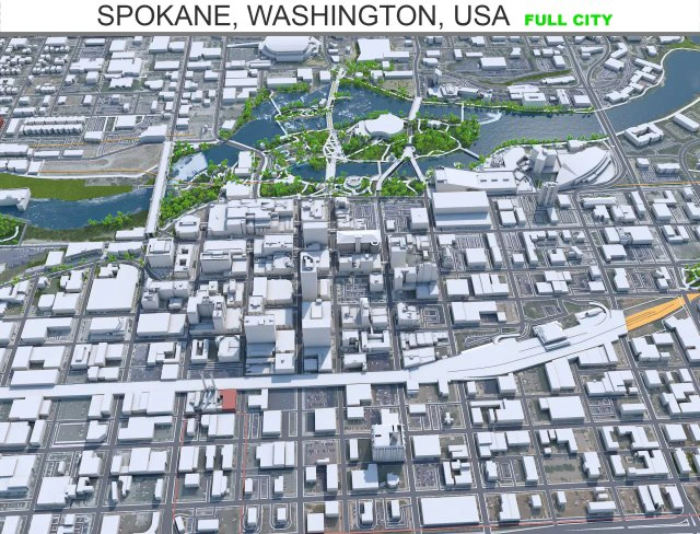 Spokane city Washington USA 35km 3D Model .c4d .max .obj .3ds .fbx .stl .blend 