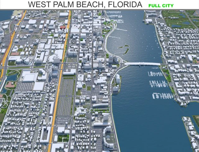 West Palm Beach city Florida USA 40km 3D Model .c4d .max .obj .3ds .fbx .stl .blend