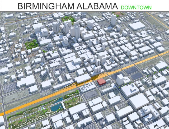 Birmingham downtown city alabama 8 km 3D Model .c4d .max .obj .3ds .fbx .stl .blend 