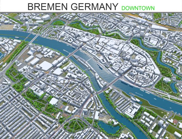Bremen Downtown city Germany 10km Model 3D .c4d .max .obj .3ds .fbx .stl .blend