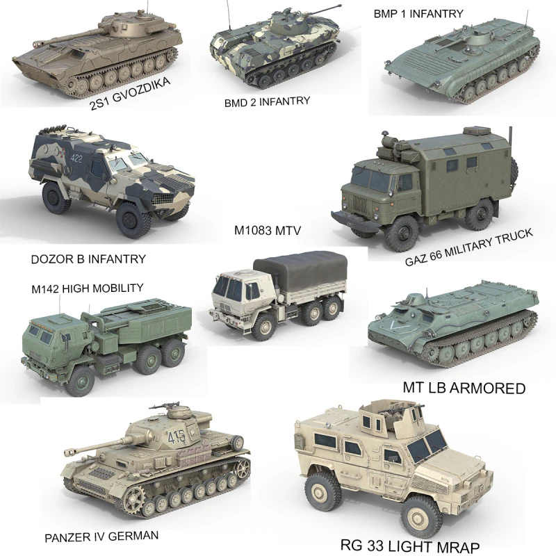 Collezione 10 veicoli militari V10 Modello 3D .c4d .max .obj .3ds .fbx .stl .blend