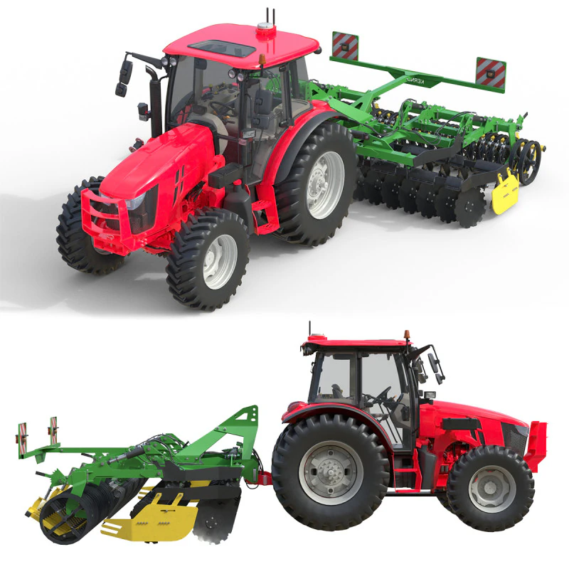 Farm Tractor and Trailed Disc harrow 3D Model .c4d .max .obj .3ds .fbx .stl .blend 