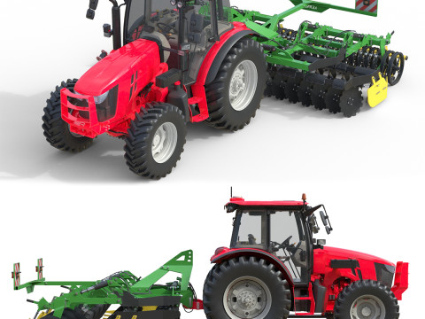 Сельскохозяйственный трактор и прицепная дисковая борона 3D Модель